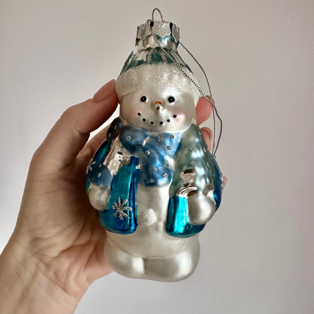 Blue and Silver Glass‎ Snowman Christmas Ornament Glitter Snowflake Winter Decor